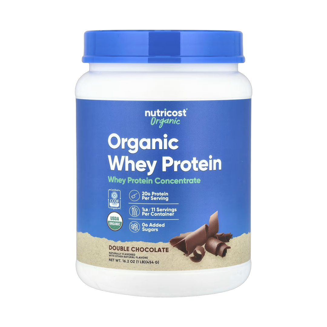 Nutricost, Organic Whey Protein, Double Chocolate, 1 lb, 454 g front packaging view