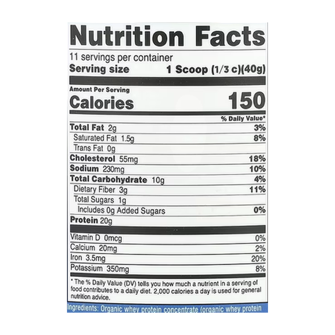 Nutricost, Organic Whey Protein, Double Chocolate, 1 lb, 454 g supplement facts label showing ingredients, vitamins, minerals, and serving information