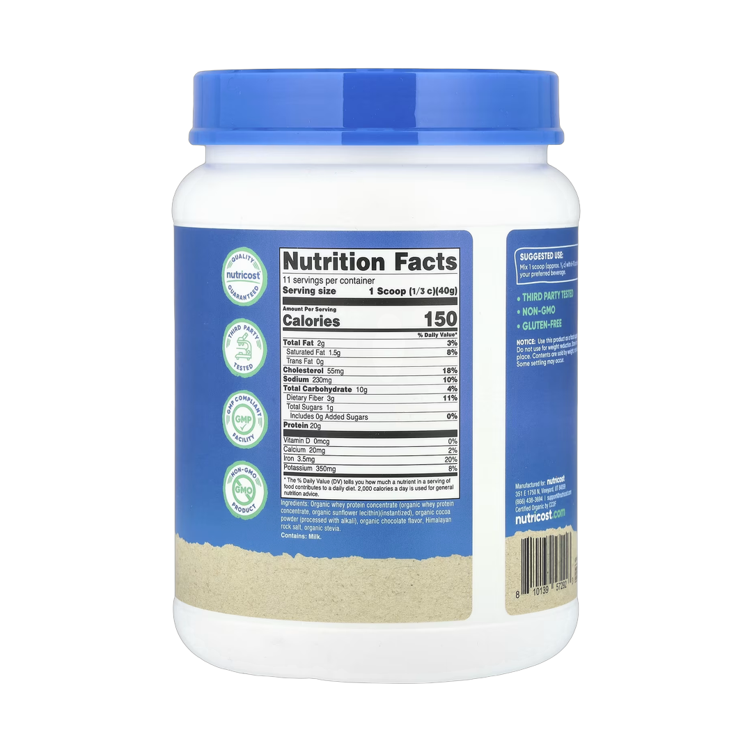Nutricost, Organic Whey Protein, Double Chocolate, 1 lb, 454 g back packaging view