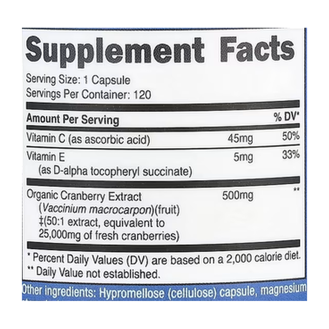 Nutricost, Cranberry with Vitamins C & E, 120 Capsules supplement facts label showing ingredients, vitamins, minerals, and serving information