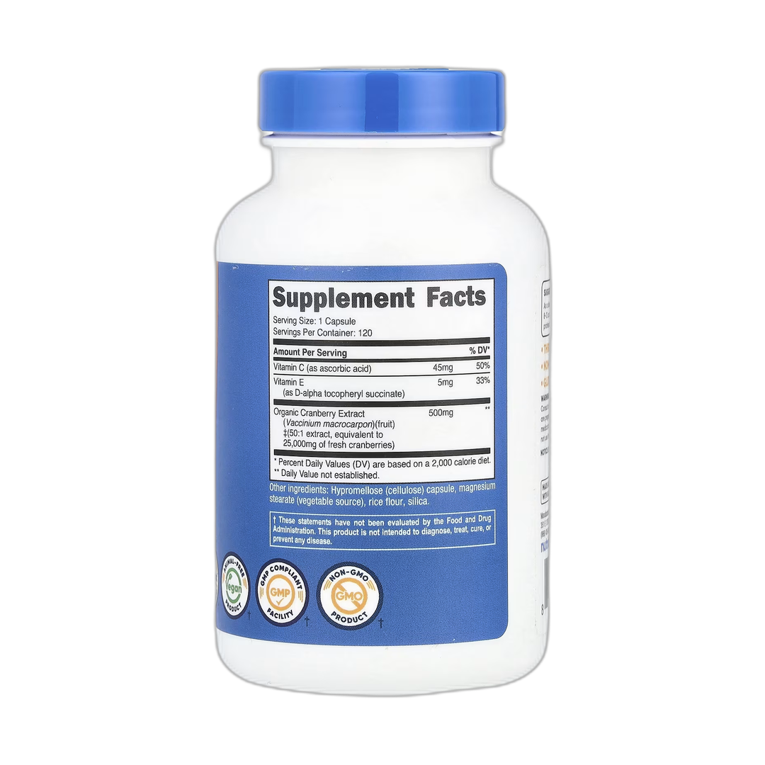 Nutricost, Cranberry with Vitamins C & E, 120 Capsules back packaging view