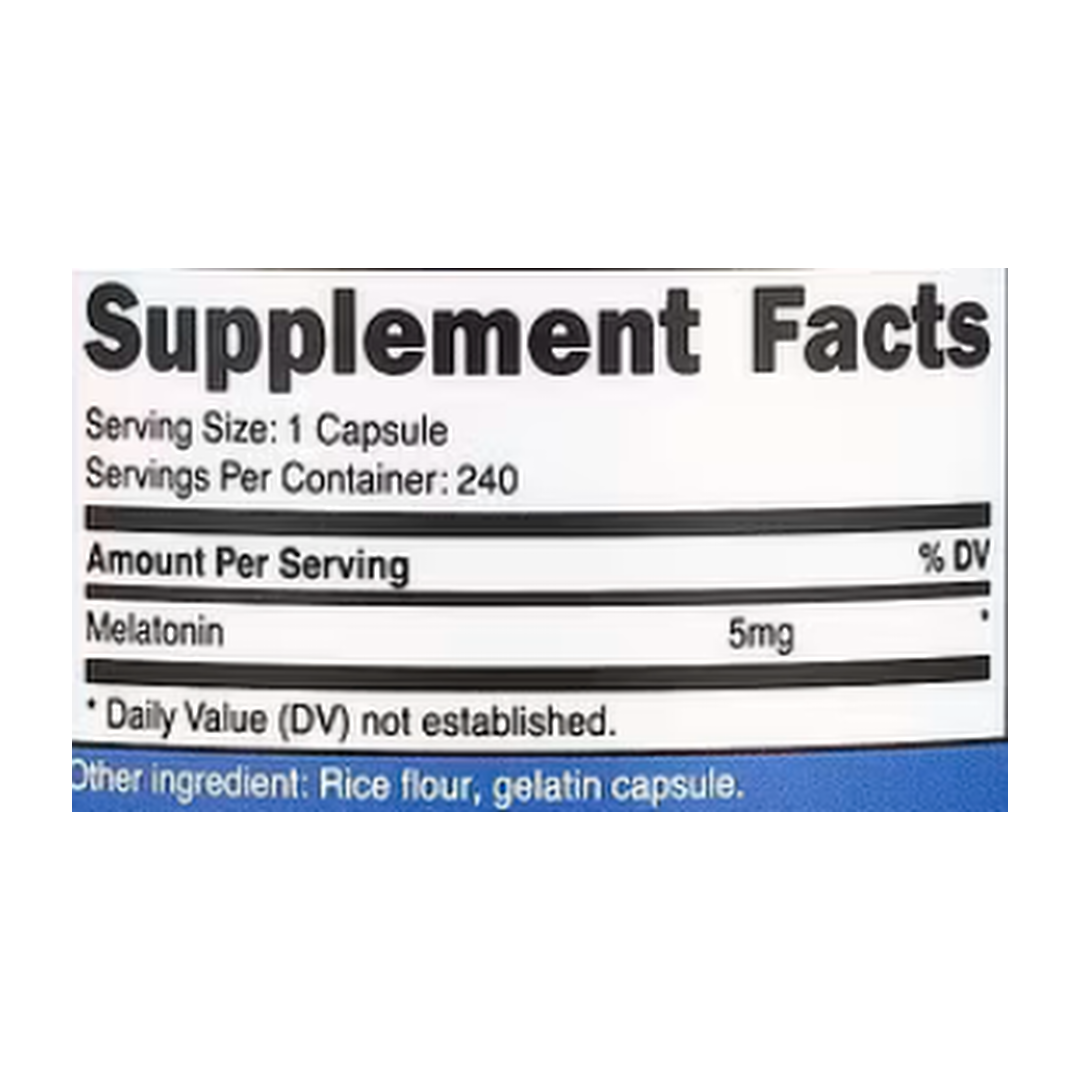 Nutricost, Melatonin, 5 mg , 240 Capsules supplement facts label showing ingredients, vitamins, minerals, and serving information