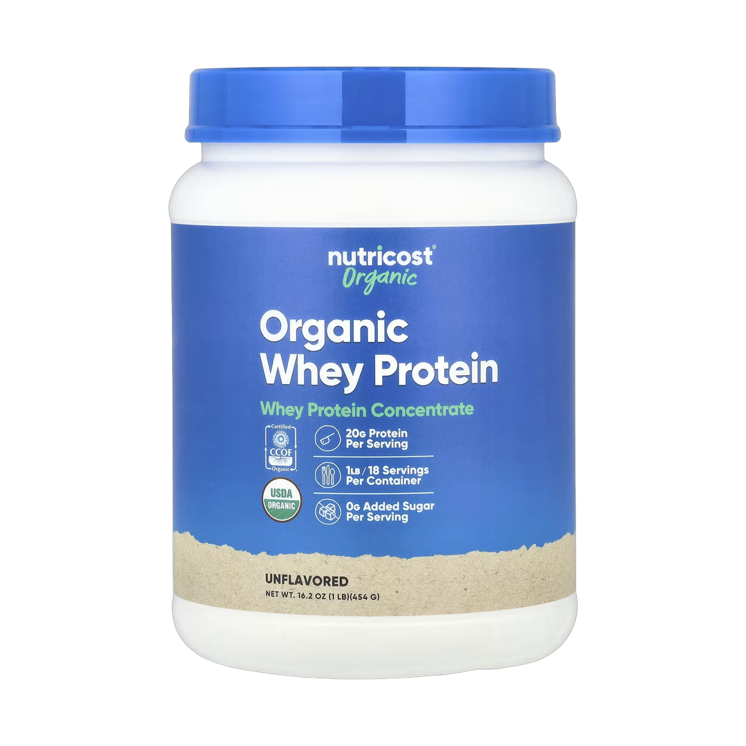 Nutricost, Organic Whey Protein, Unflavored, 1 lb, 454 g front packaging view