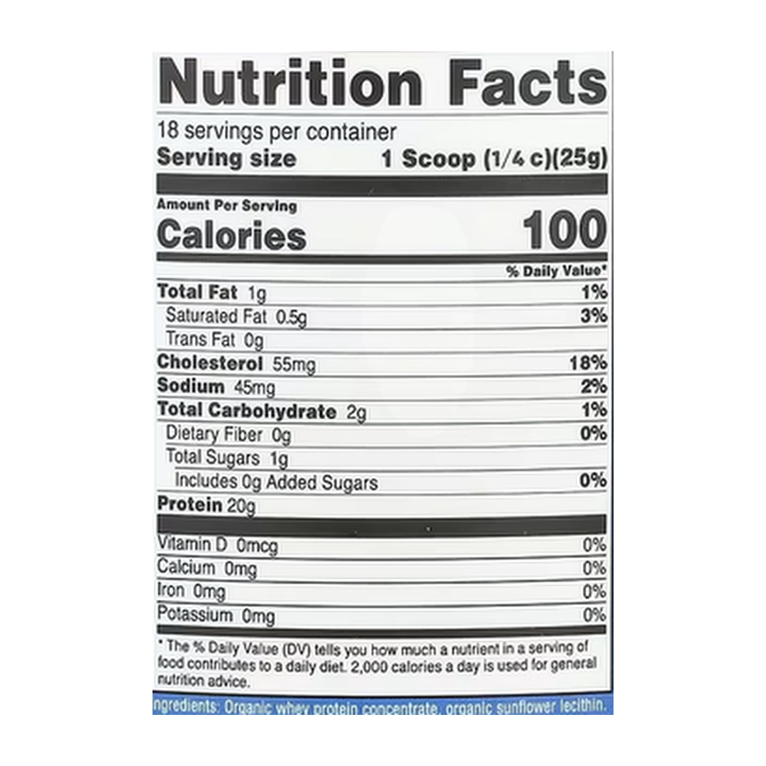 Nutricost, Organic Whey Protein, Unflavored, 1 lb, 454 g supplement facts label showing ingredients, vitamins, minerals, and serving information