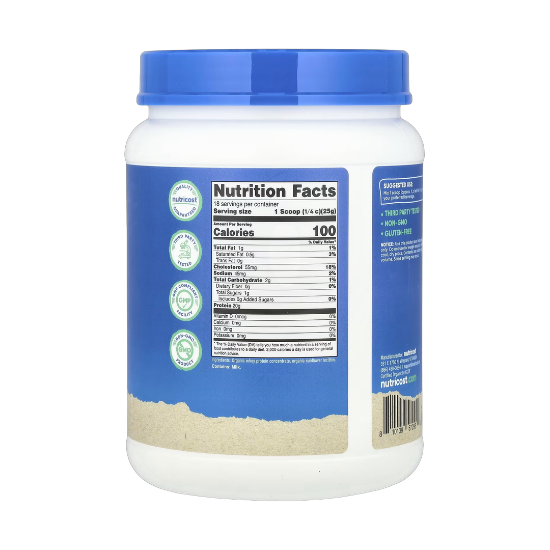 Nutricost, Organic Whey Protein, Unflavored, 1 lb, 454 g back packaging view