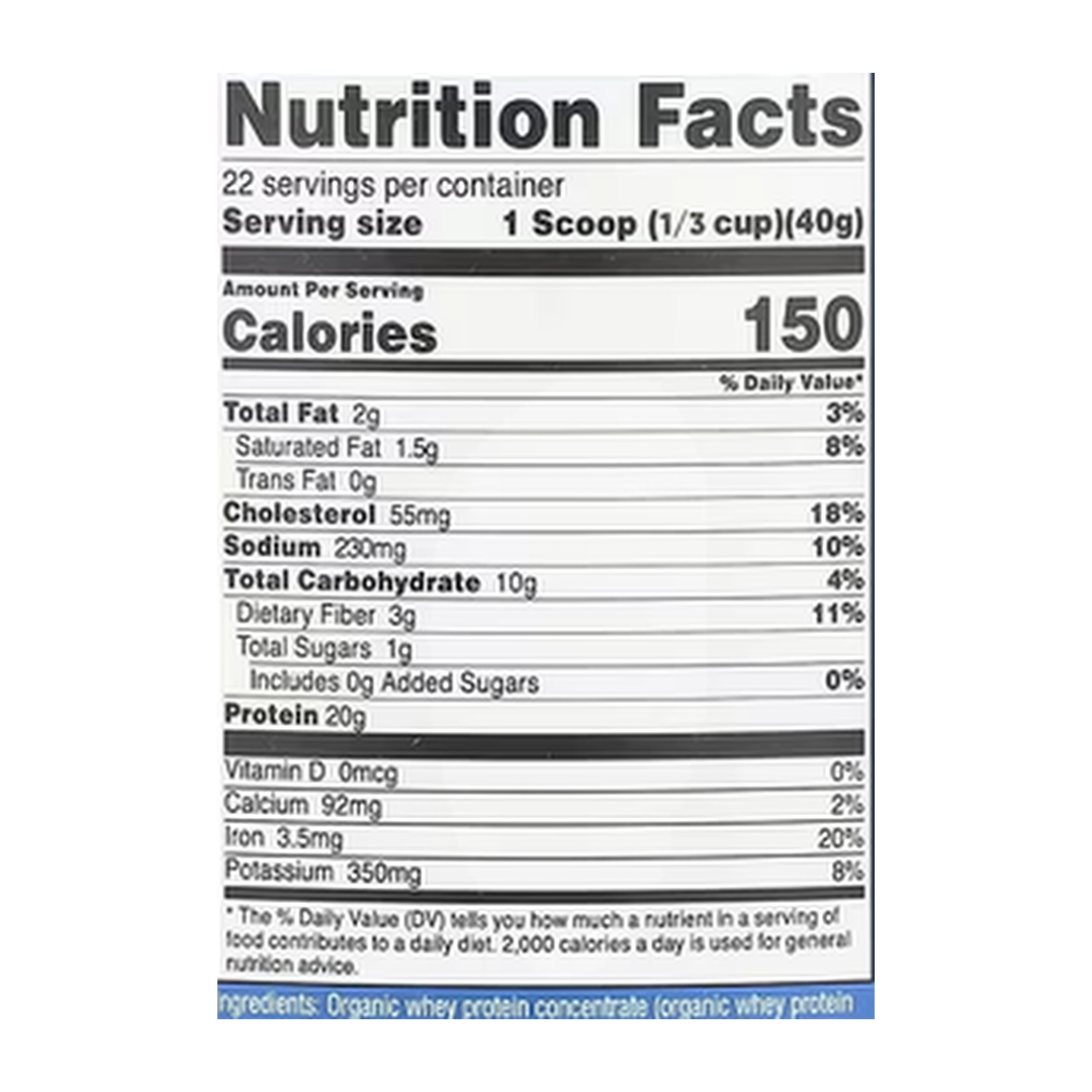 Nutricost, Organic Whey Protein, Double Chocolate, 2 lb, 907 g supplement facts label showing ingredients, vitamins, minerals, and serving information