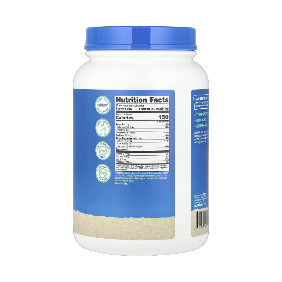 Nutricost, Organic Whey Protein, Double Chocolate, 2 lb, 907 g back packaging view