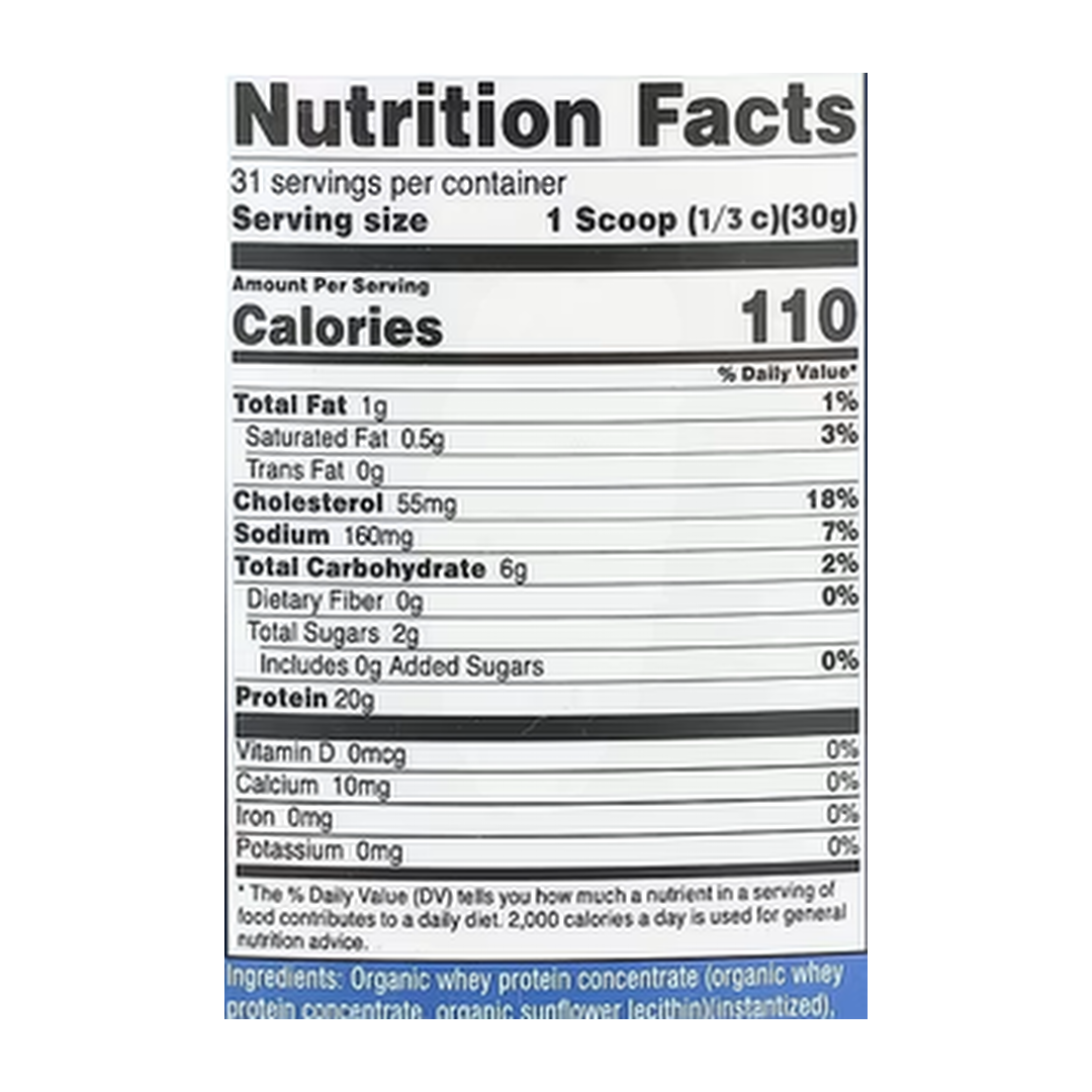 Nutricost, Organic Whey Protein, French Vanilla, 2 lb, 907 g supplement facts label showing ingredients, vitamins, minerals, and serving information