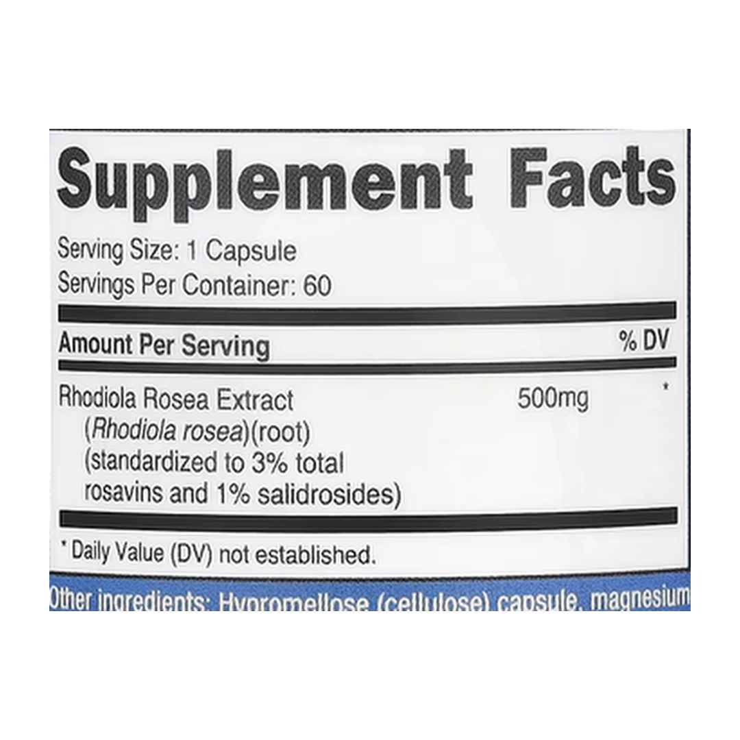 Nutricost, Rhodiola Rosea, 500 mg, 60 Capsules supplement facts label showing ingredients, vitamins, minerals, and serving information