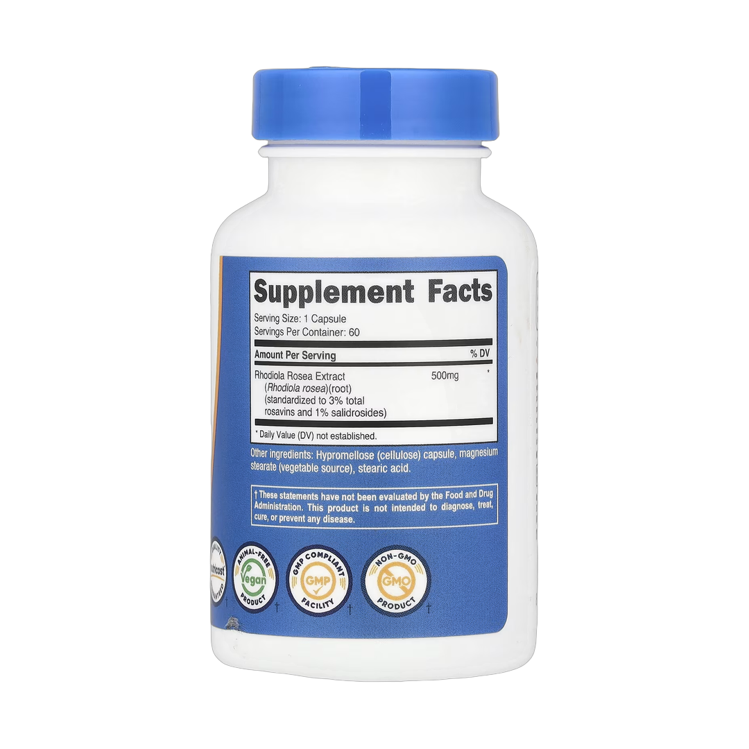 Nutricost, Rhodiola Rosea, 500 mg, 60 Capsules back packaging view
