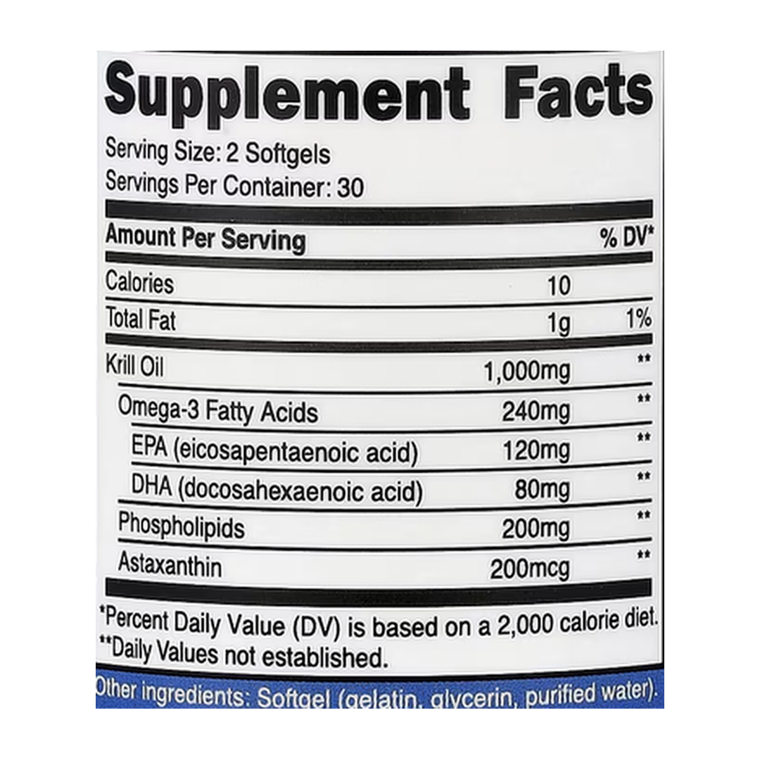 Nutricost, Krill Oil, 60 Softgels supplement facts label showing ingredients, vitamins, minerals, and serving information