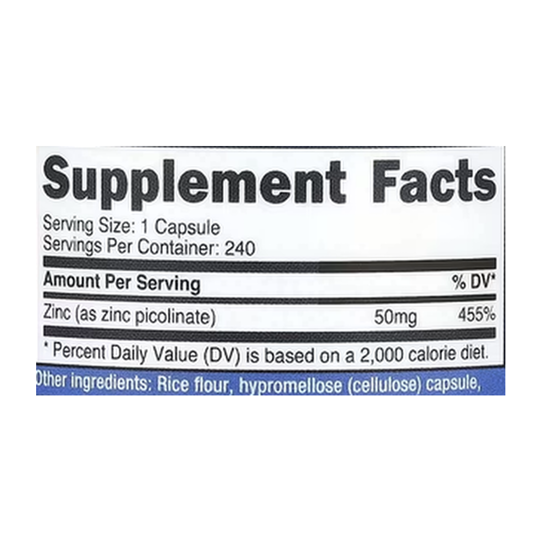 Nutricost, Zinc Picolinate, 50 mg, 240 Capsules supplement facts label showing ingredients, vitamins, minerals, and serving information