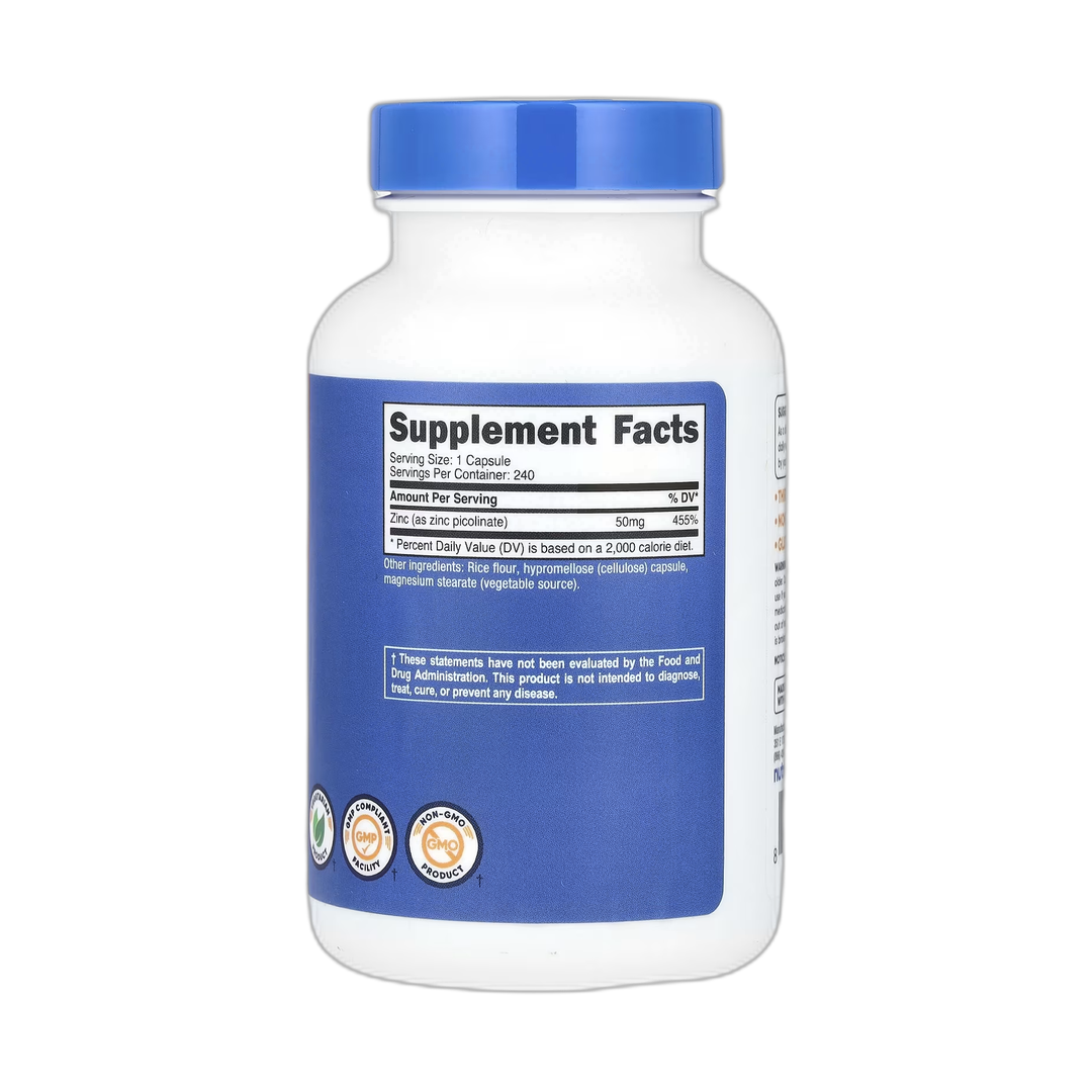 Nutricost, Zinc Picolinate, 50 mg, 240 Capsules back packaging view