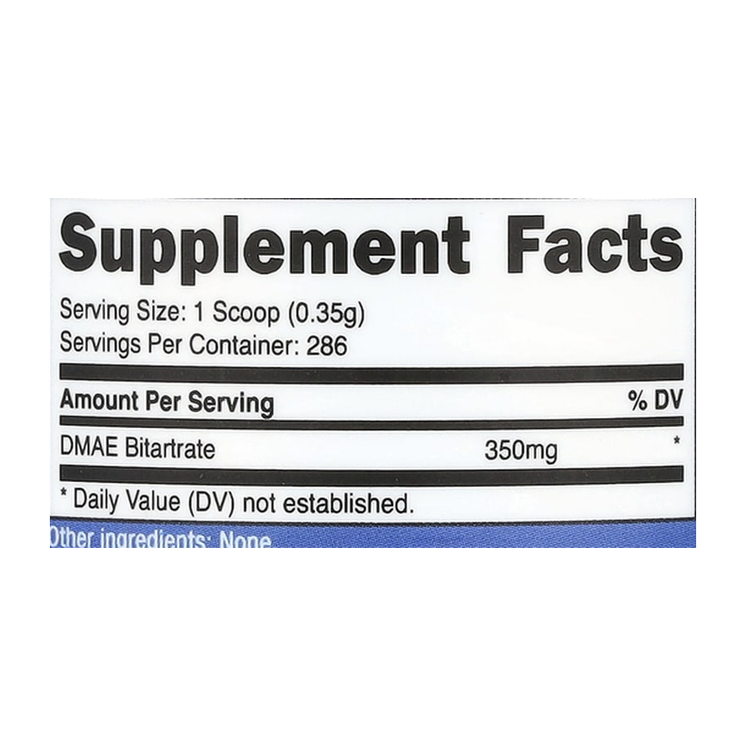 Nutricost, DMAE Bitartrate, Unflavored, 3.6 oz, 100 g supplement facts label showing ingredients, vitamins, minerals, and serving information