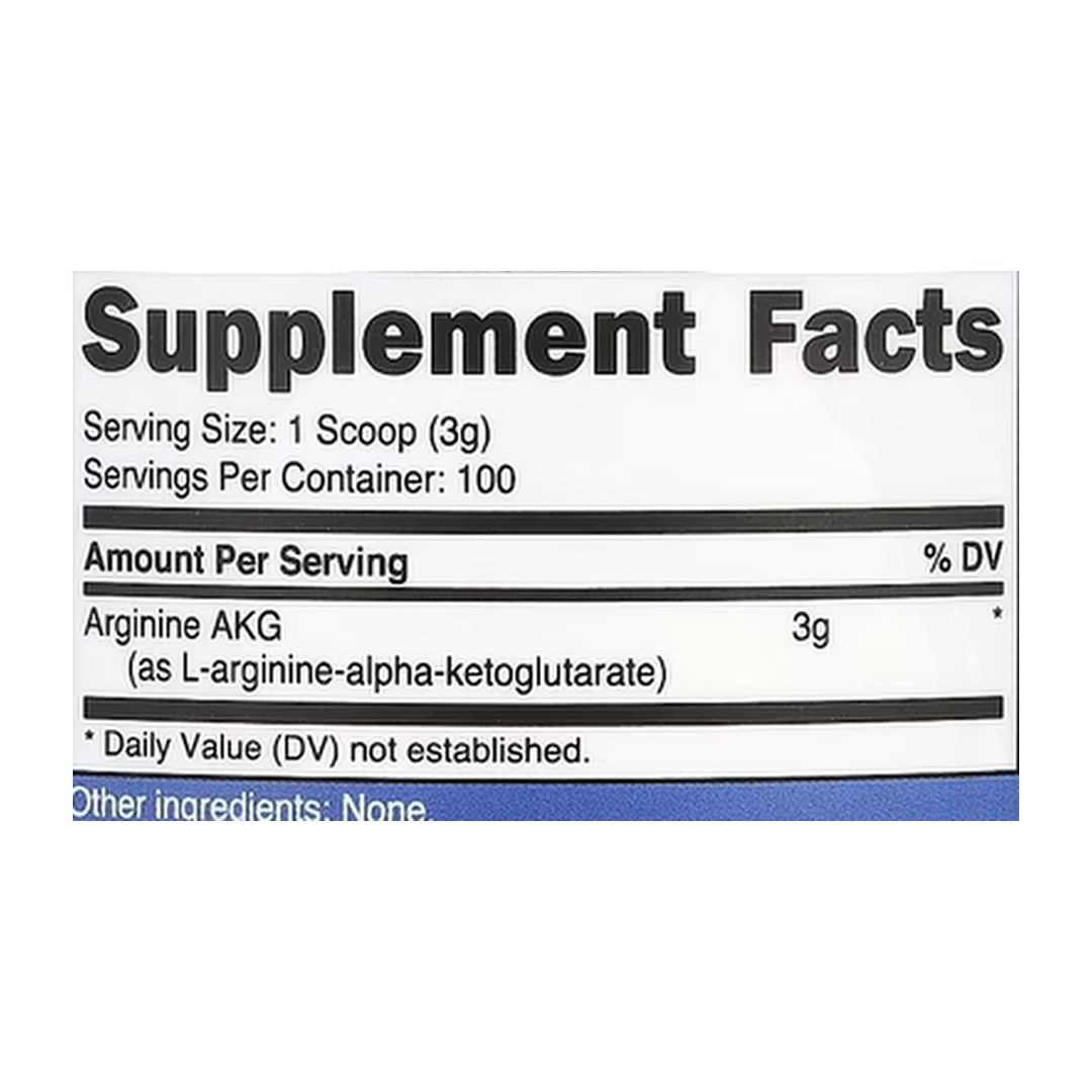Nutricost, Arginine AKG, Unflavored, 10.7 oz, 300 g supplement facts label showing ingredients, vitamins, minerals, and serving information