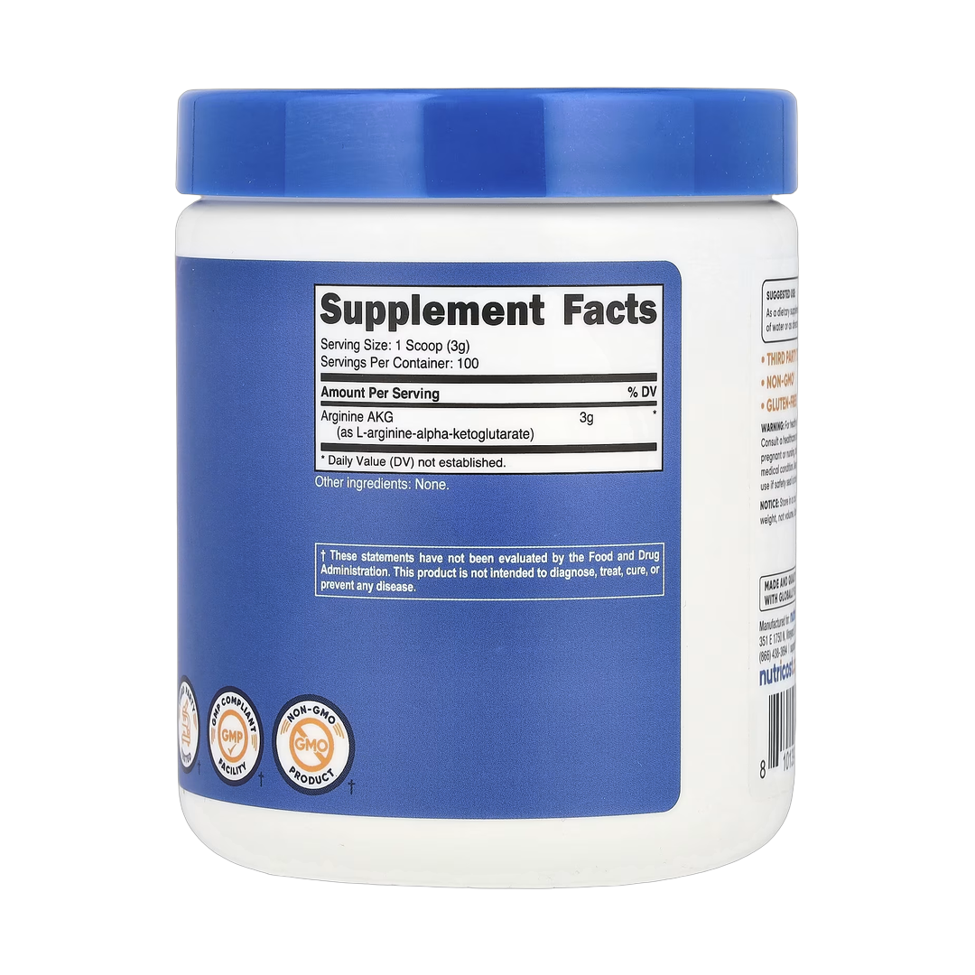 Nutricost, Arginine AKG, Unflavored, 10.7 oz, 300 g back packaging view