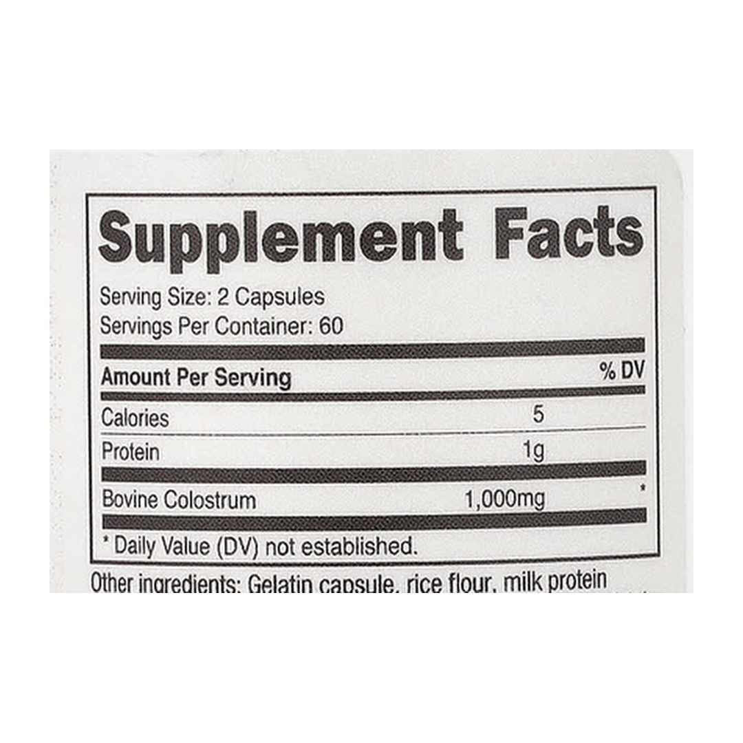 Nutricost, Colostrum, 120 Capsules supplement facts label showing ingredients, vitamins, minerals, and serving information