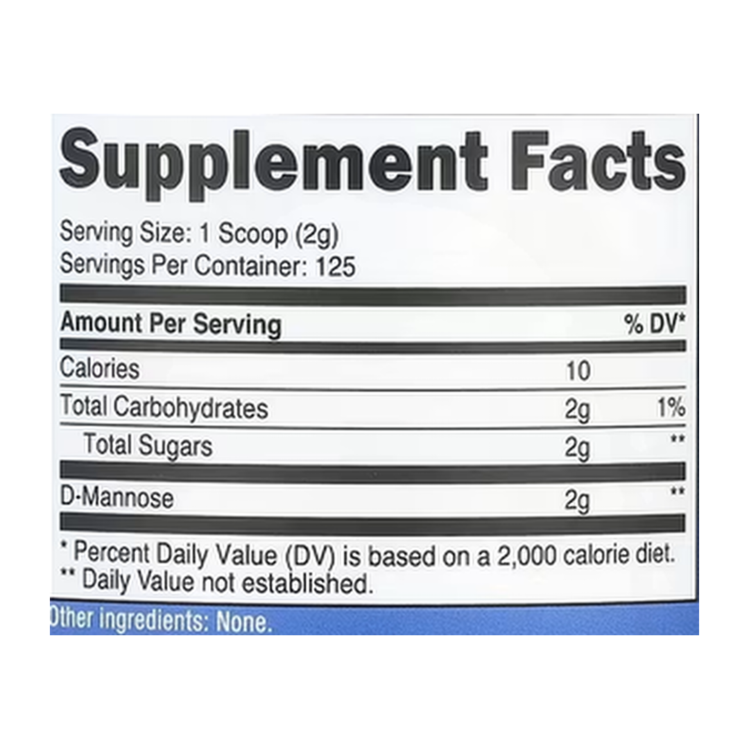 Nutricost, D-Mannose, Unflavored, 8.9 oz, 250 g supplement facts label showing ingredients, vitamins, minerals, and serving information