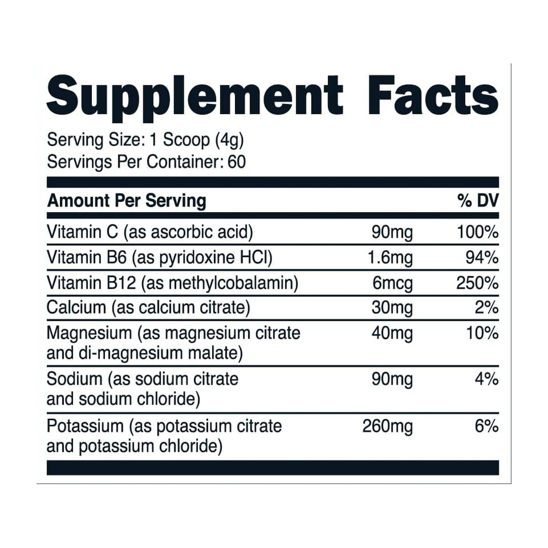 Nutricost, Electrolytes, Advanced Hydration Complex, Grape, 8.4 oz, 234 g supplement facts label showing ingredients, vitamins, minerals, and serving information