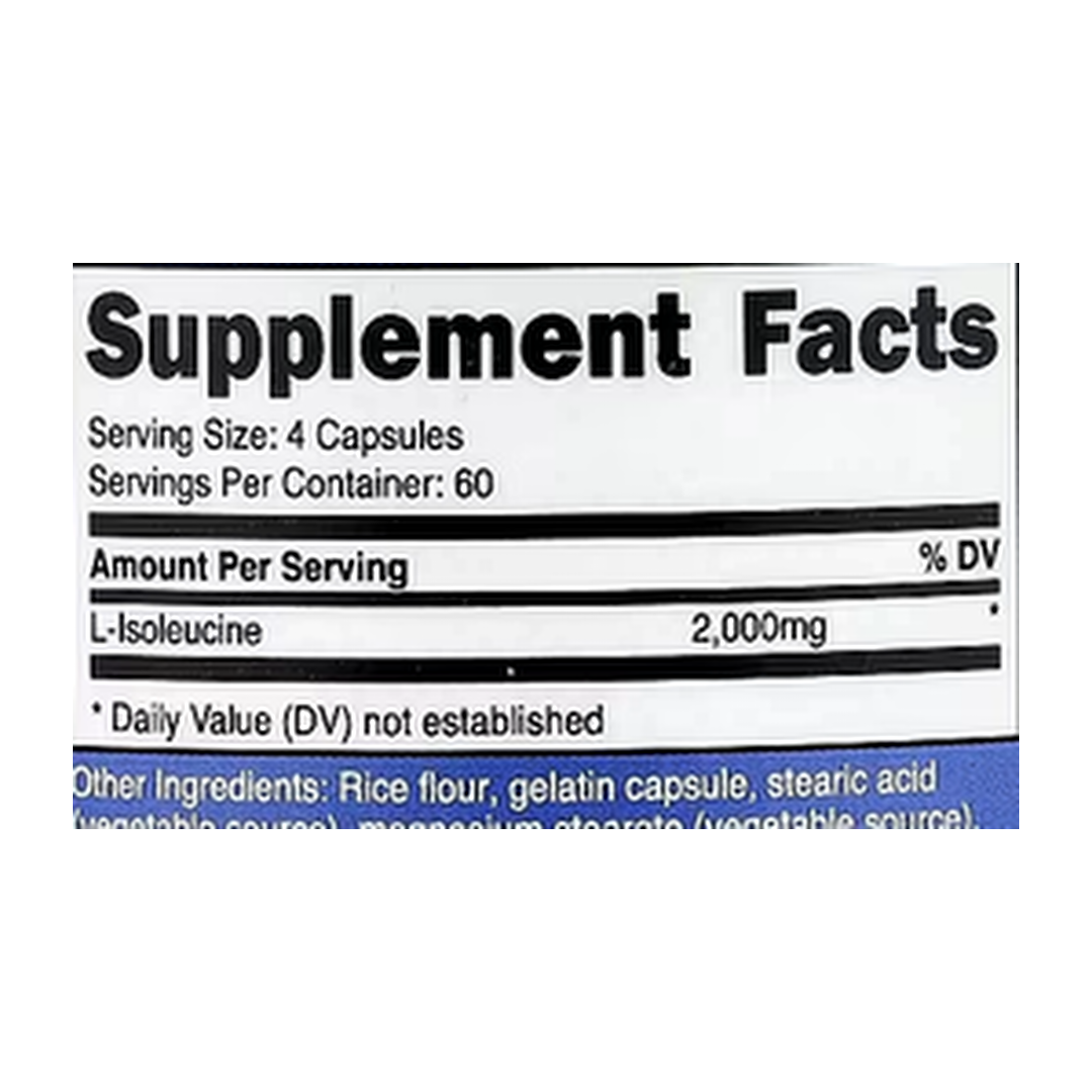 Nutricost, L-Isoleucine, 240 Capsules supplement facts label showing ingredients, vitamins, minerals, and serving information
