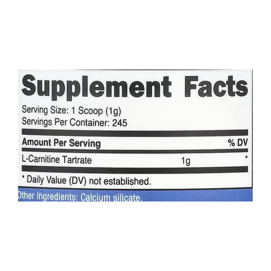 Nutricost, L-Carnitine Tartrate, Unflavored, 8.9 oz, 250 g supplement facts label showing ingredients, vitamins, minerals, and serving information