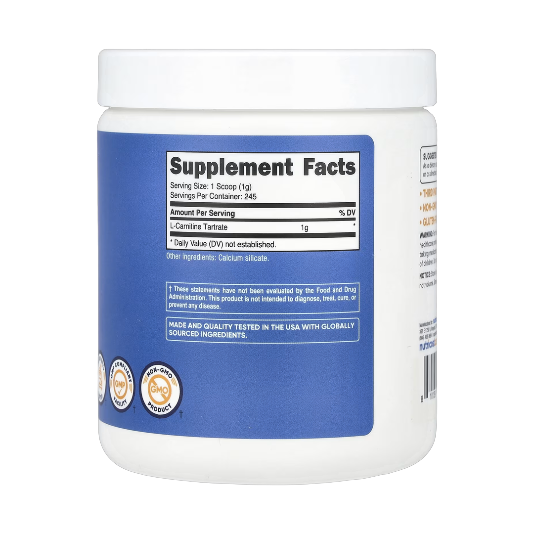 Nutricost, L-Carnitine Tartrate, Unflavored, 8.9 oz, 250 g back packaging view