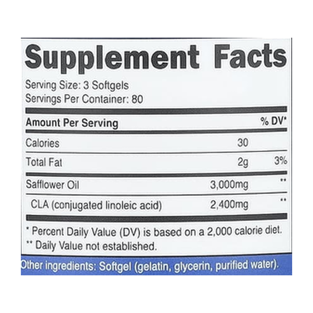 Nutricost, CLA, 240 Softgels supplement facts label showing ingredients, vitamins, minerals, and serving information