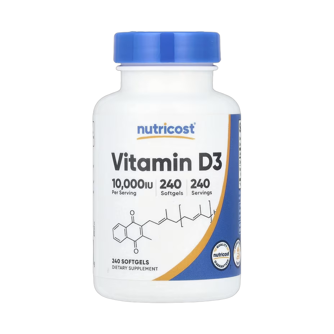 Nutricost, Vitamin D3, 250 mcg (10,000 IU), 240 Softgels front packaging view