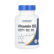 Nutricost, Vitamin D3, 250 mcg (10,000 IU), 240 Softgels front packaging view