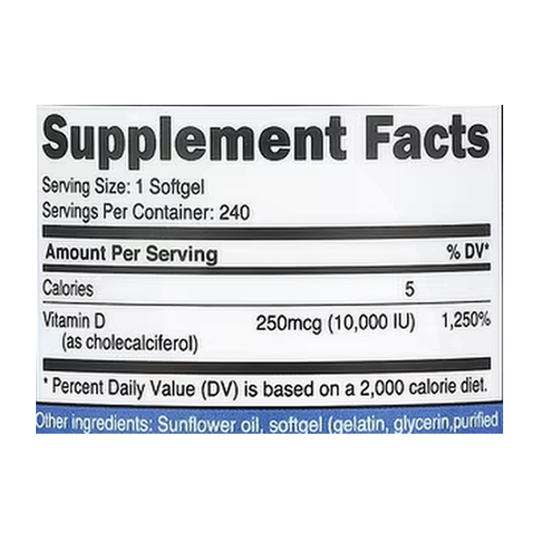 Nutricost, Vitamin D3, 250 mcg (10,000 IU), 240 Softgels supplement facts label showing ingredients, vitamins, minerals, and serving information