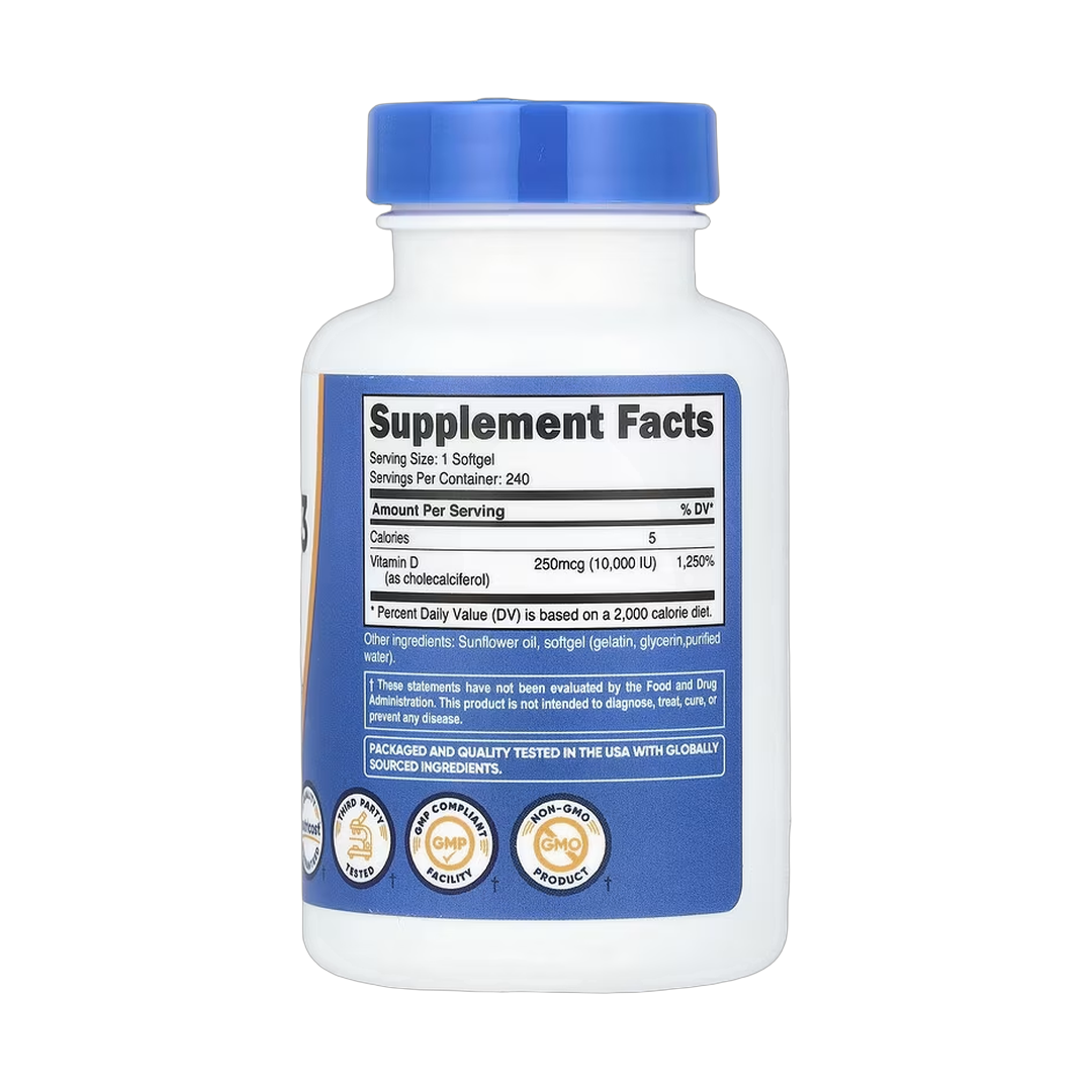 Nutricost, Vitamin D3, 250 mcg (10,000 IU), 240 Softgels back packaging view