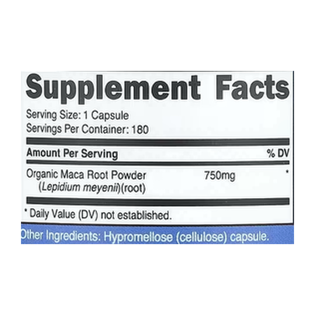 Nutricost, Maca Root, 750 mg, 180 Capsules supplement facts label showing ingredients, vitamins, minerals, and serving information