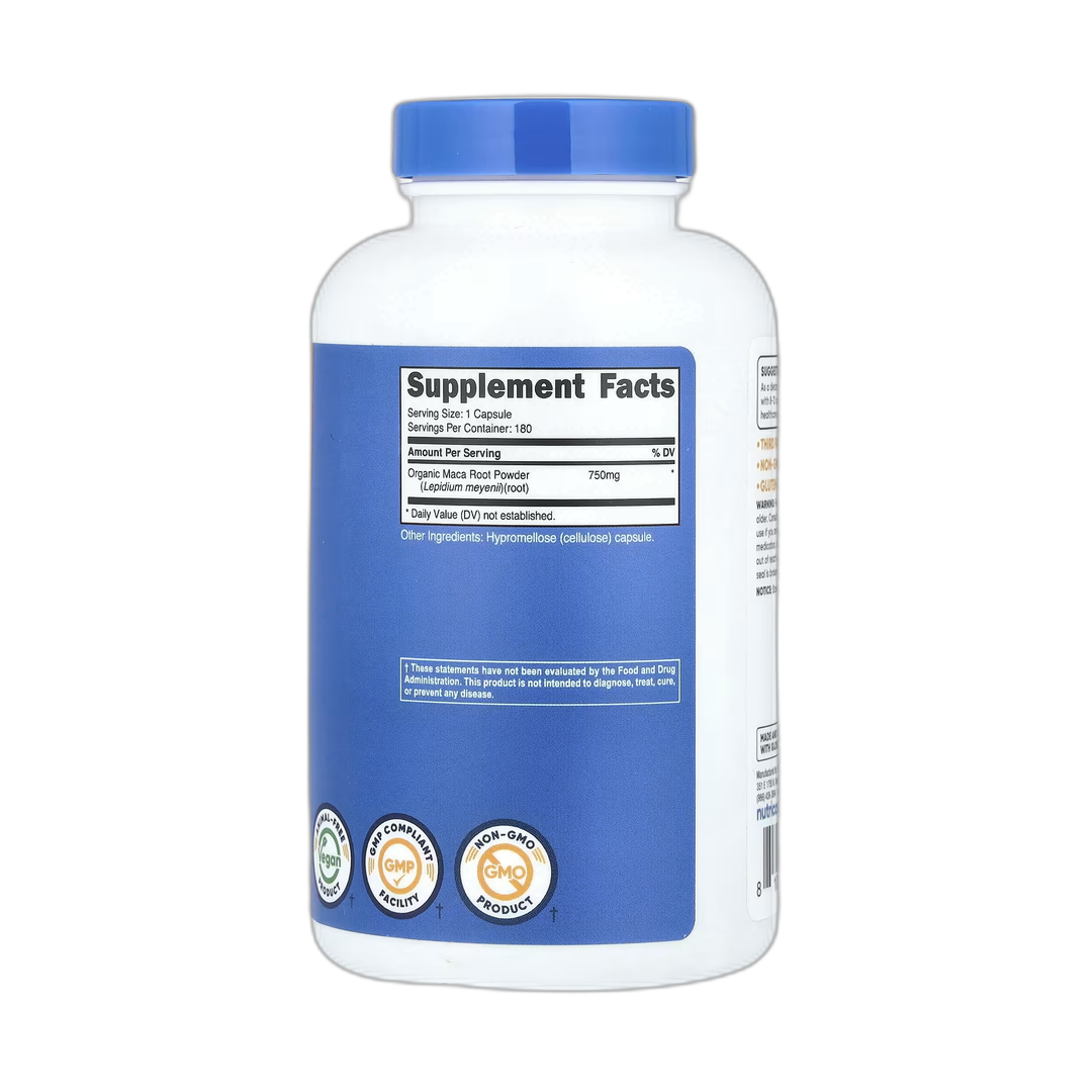 Nutricost, Maca Root, 750 mg, 180 Capsules back packaging view