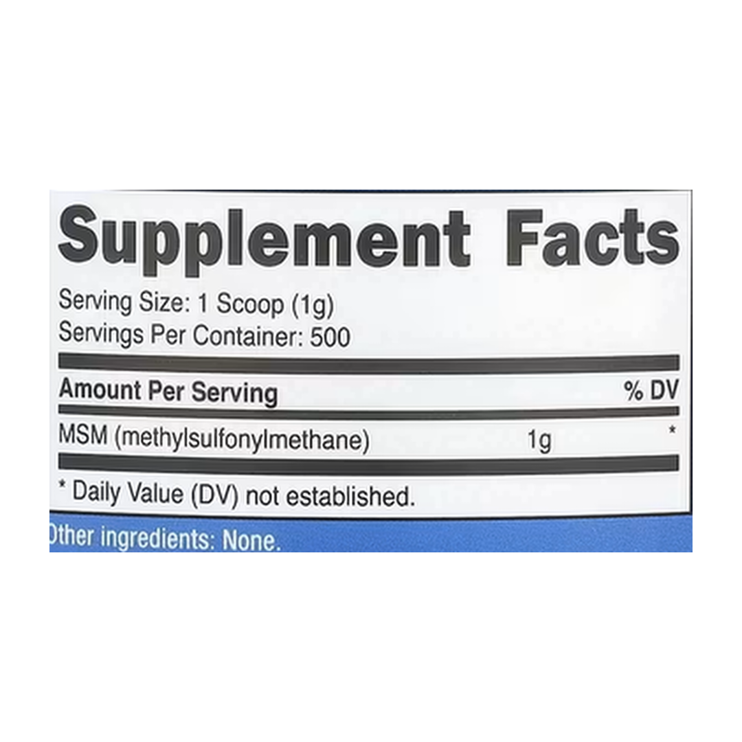 Nutricost, MSM, Unflavored, 17.9 oz, 500 g supplement facts label showing ingredients, vitamins, minerals, and serving information