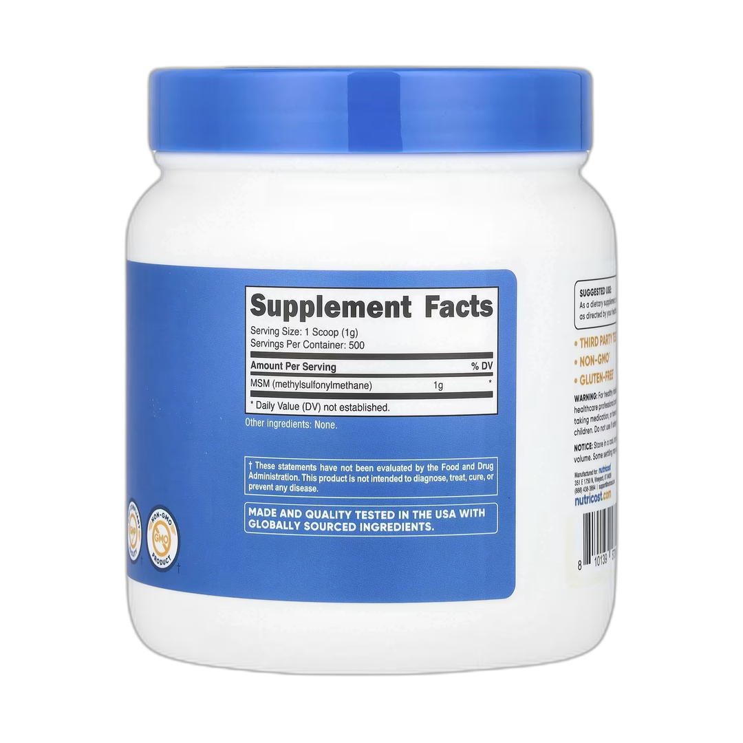 Nutricost, MSM, Unflavored, 17.9 oz, 500 g back packaging view