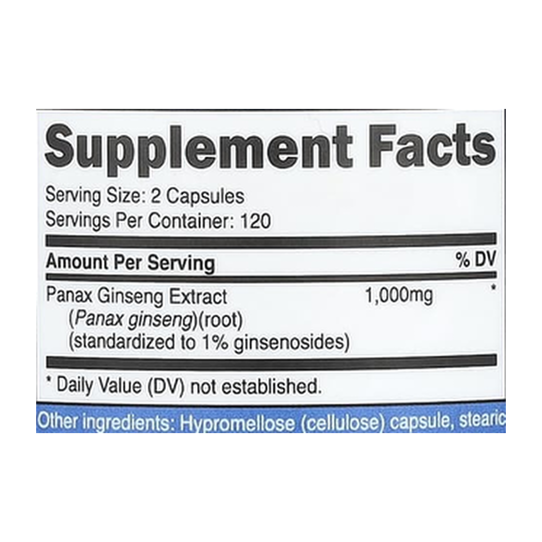 Nutricost, Panax Ginseng, 240 Capsules supplement facts label showing ingredients, vitamins, minerals, and serving information