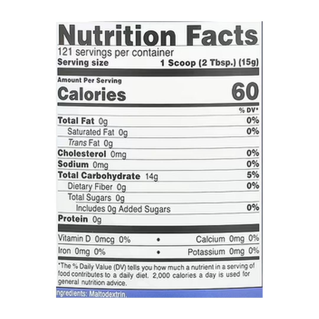 Nutricost, Maltodextrin, Unflavored, 64.8 oz, 1,815 g supplement facts label showing ingredients, vitamins, minerals, and serving information