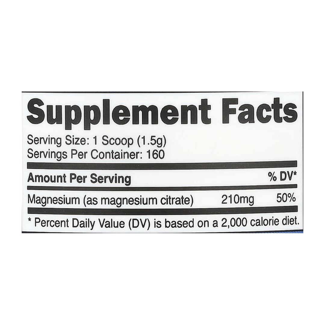 Nutricost, Magnesium Citrate, Unflavored, 8.9 oz, 250 g supplement facts label showing ingredients, vitamins, minerals, and serving information