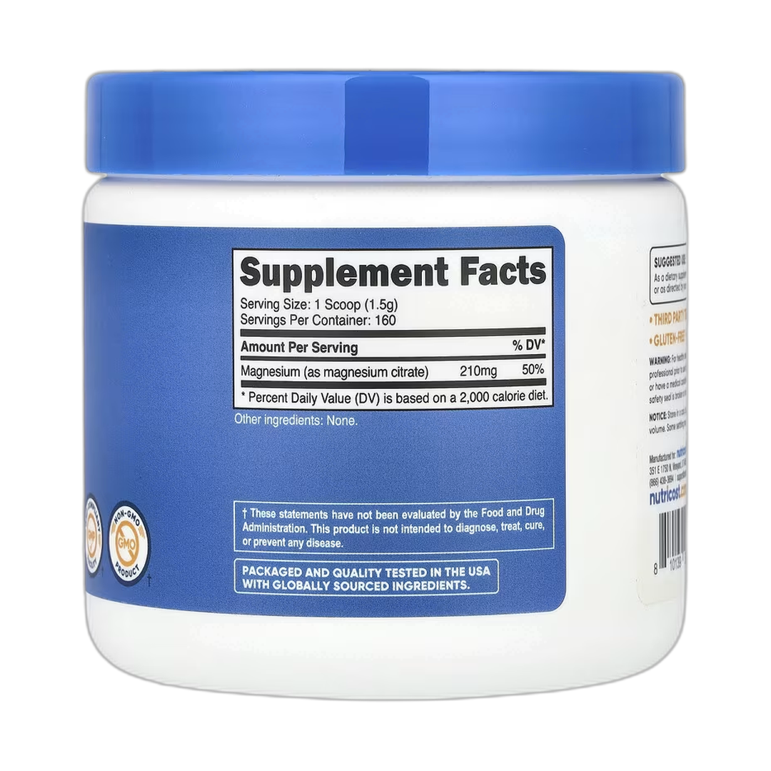 Nutricost, Magnesium Citrate, Unflavored, 8.9 oz, 250 g back packaging view