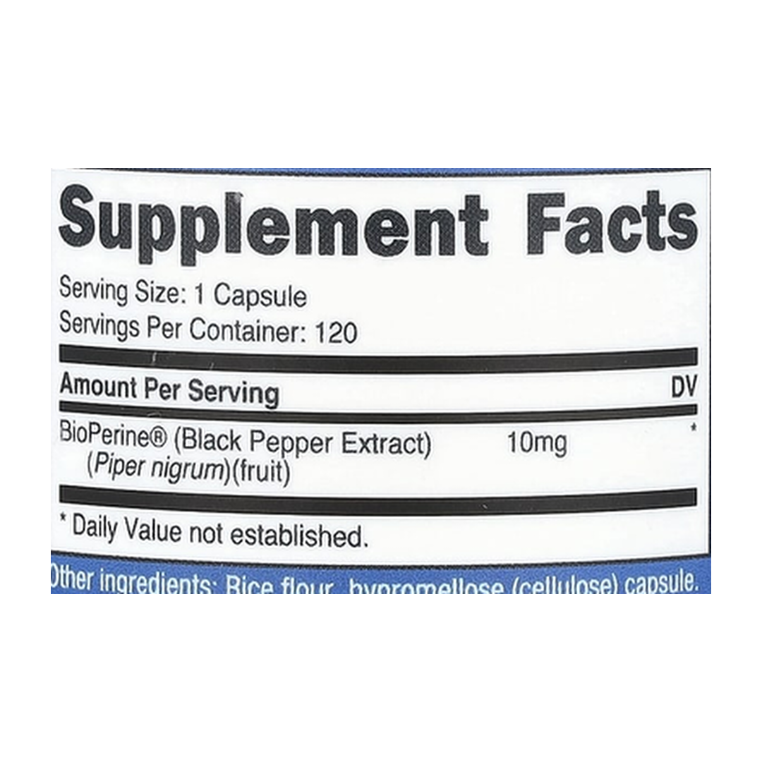 Nutricost, Bioperine, 10 mg, 120 Capsules supplement facts label showing ingredients, vitamins, minerals, and serving information