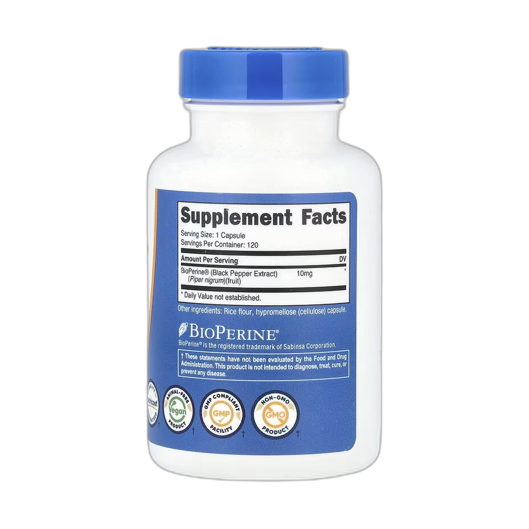 Nutricost, Bioperine, 10 mg, 120 Capsules back packaging view