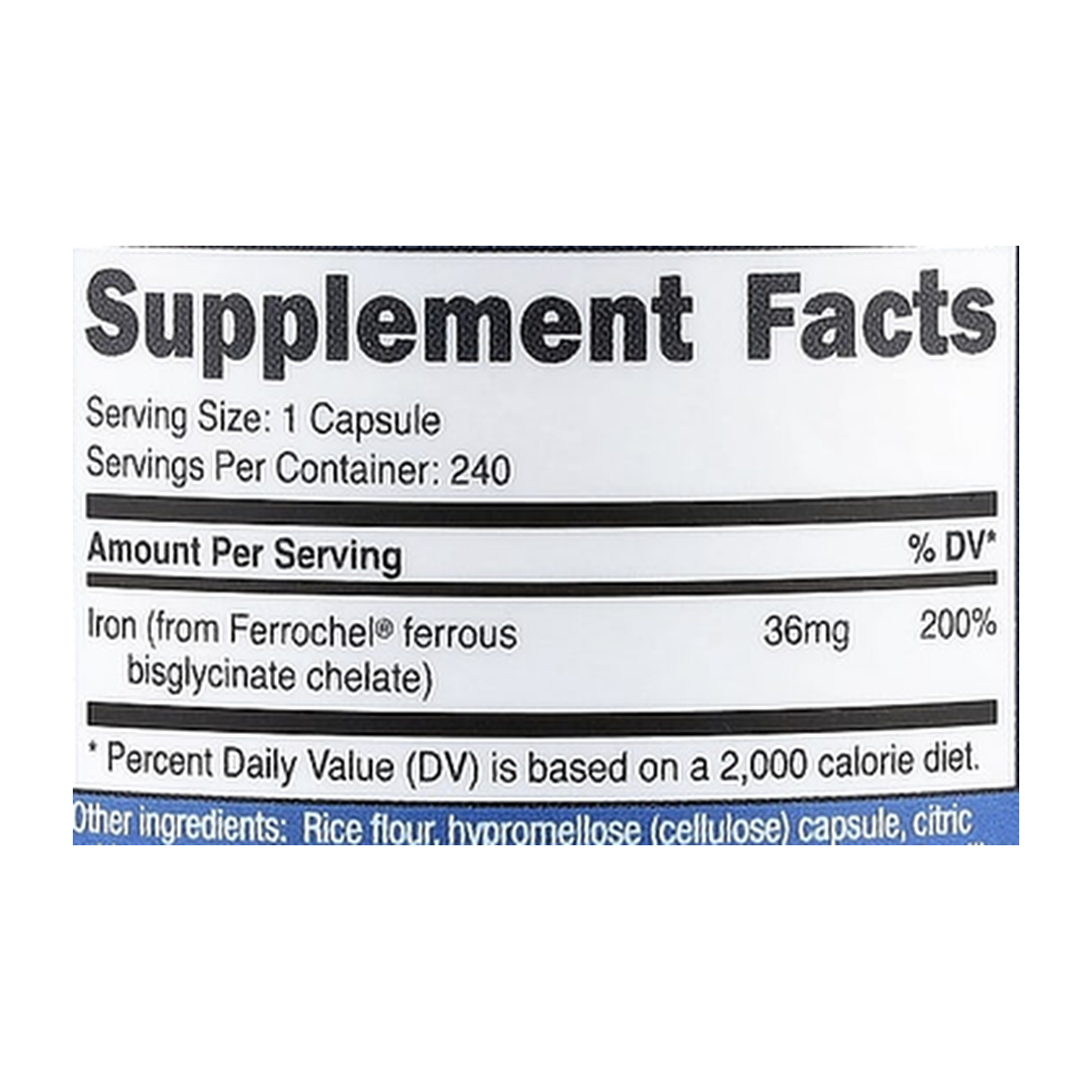 Nutricost, Iron Chelate From Ferrochel®, 36 mg, 240 Capsules supplement facts label showing ingredients, vitamins, minerals, and serving information