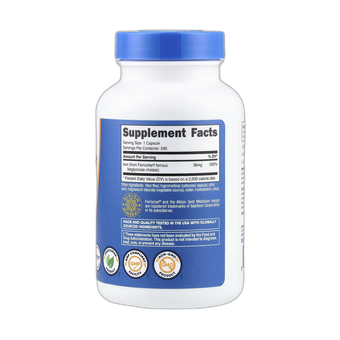Nutricost, Iron Chelate From Ferrochel, 36 mg, 240 Capsules back packaging view