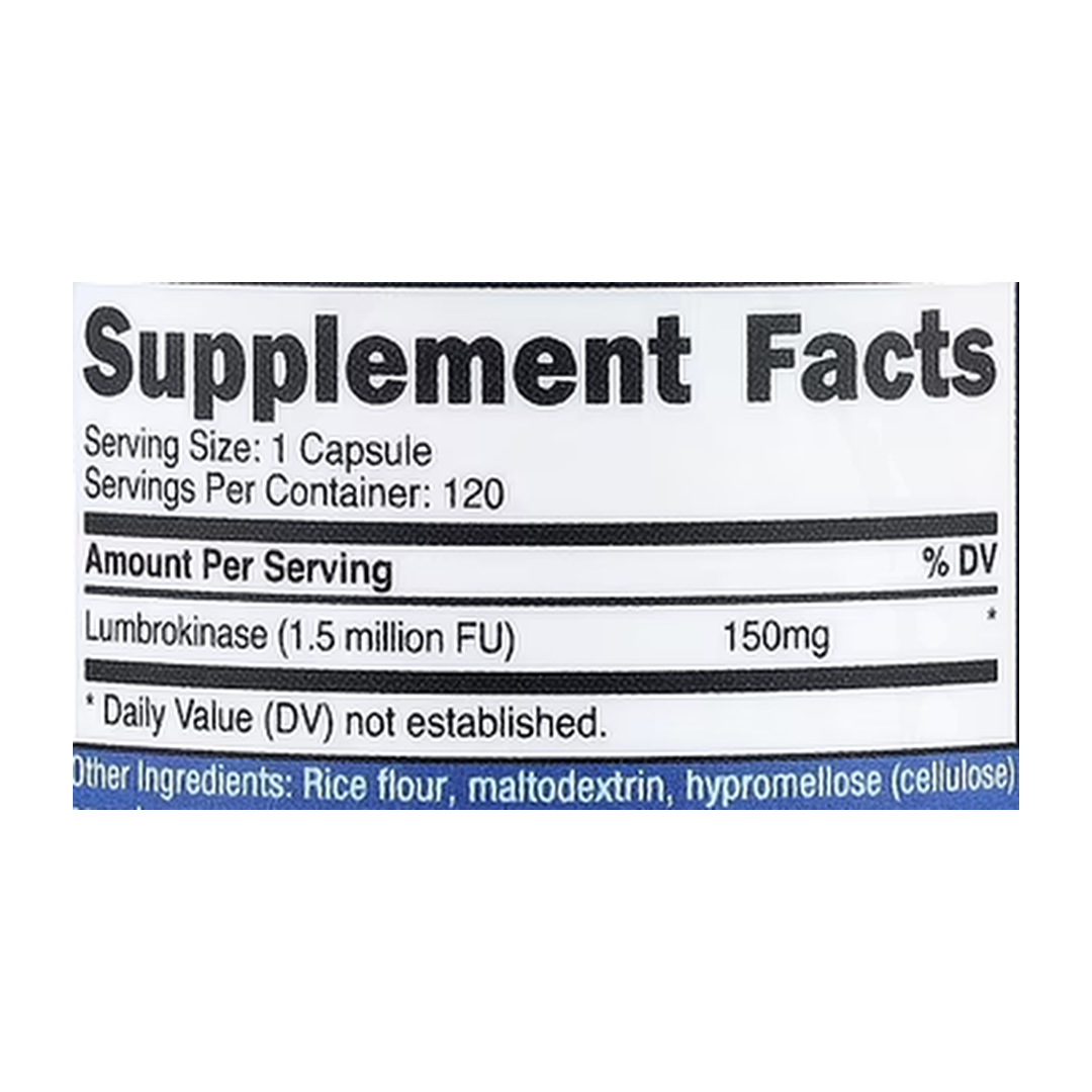 Nutricost, Lumbrokinase, 150 mg, 120 Capsules supplement facts label showing ingredients, vitamins, minerals, and serving information