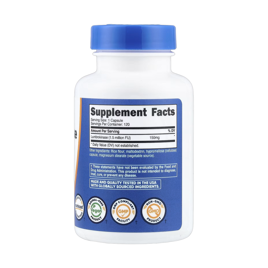 Nutricost, Lumbrokinase, 150 mg, 120 Capsules back packaging view