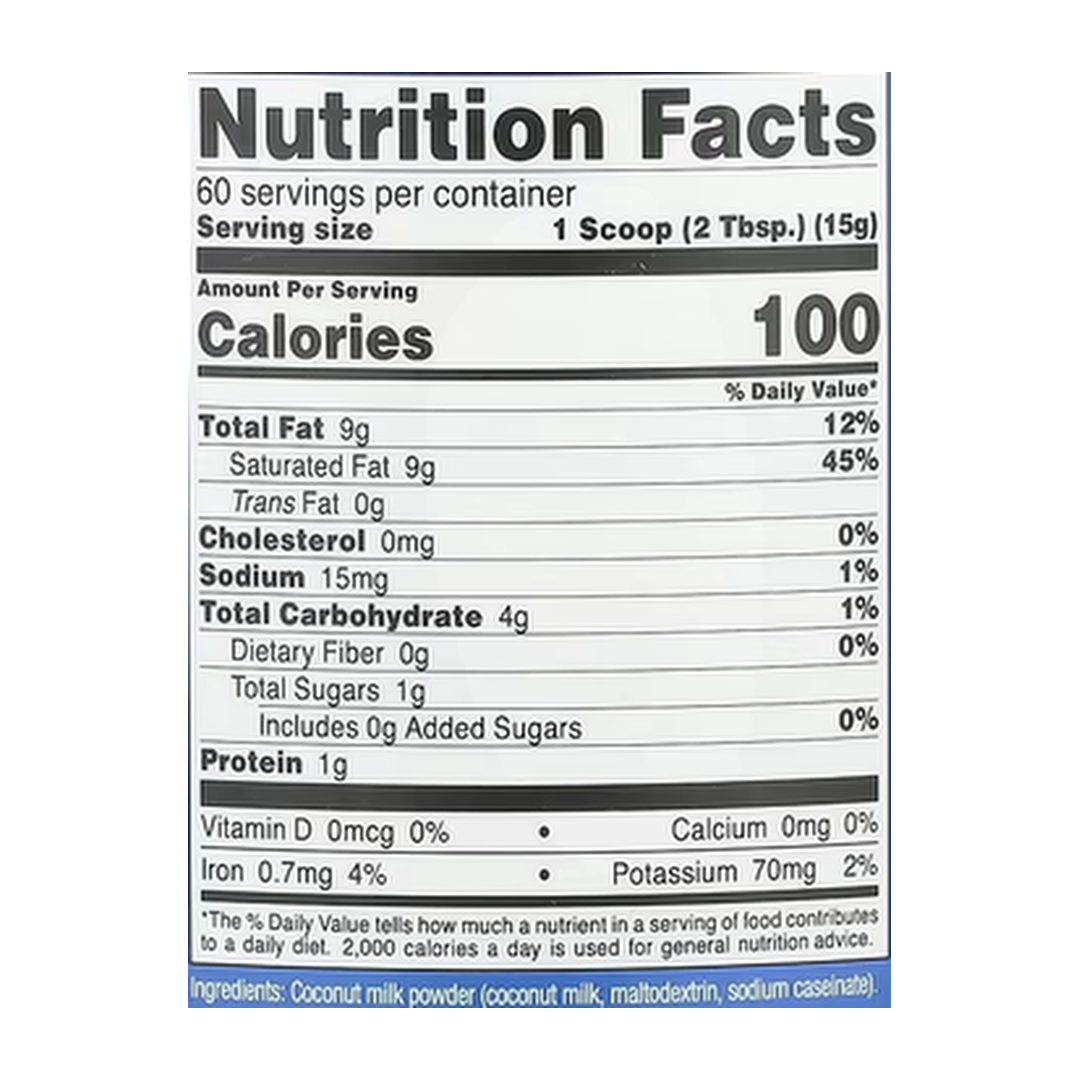 Nutricost, Coconut Milk Powder, Unflavored, 32.4 oz, 907 g supplement facts label showing ingredients, vitamins, minerals, and serving information