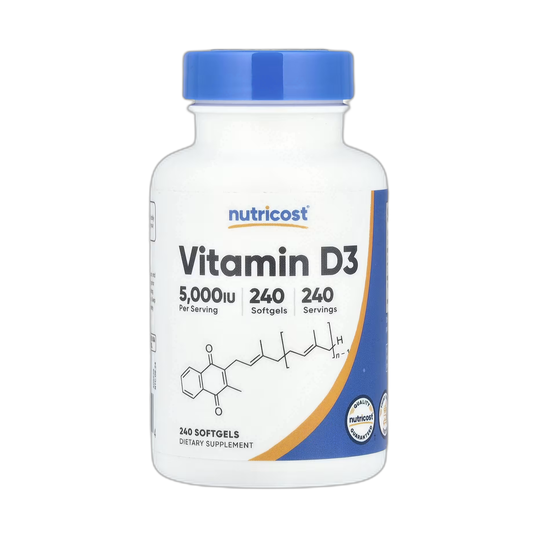 Nutricost, Vitamin D3, 125 mcg (5,000 IU), 240 Softgels front packaging view