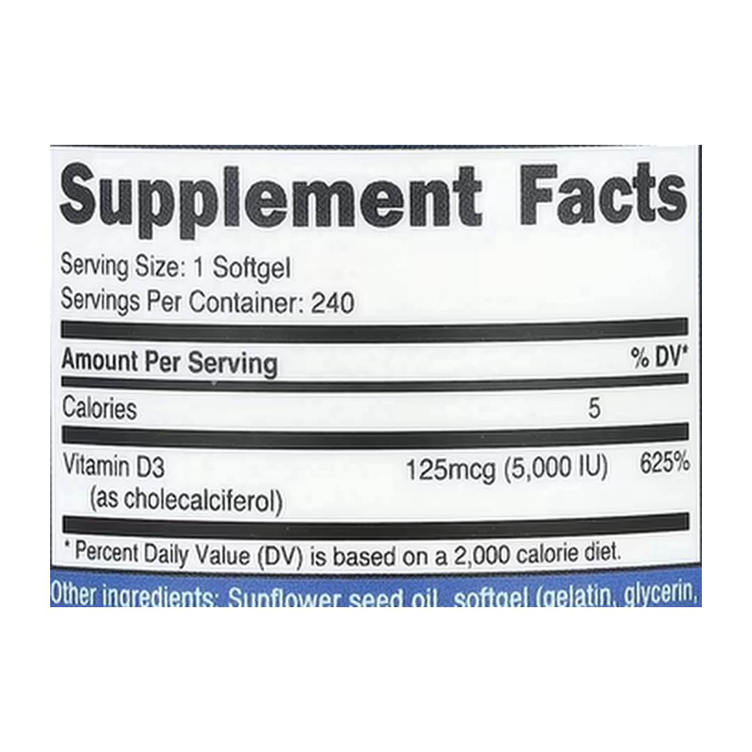 Nutricost, Vitamin D3, 125 mcg (5,000 IU), 240 Softgels supplement facts label showing ingredients, vitamins, minerals, and serving information