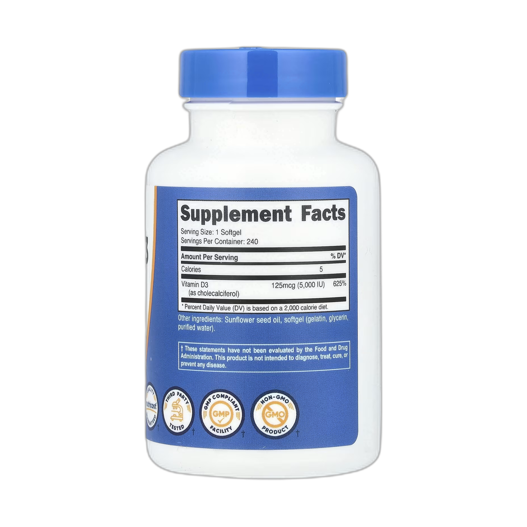 Nutricost, Vitamin D3, 125 mcg (5,000 IU), 240 Softgels back packaging view