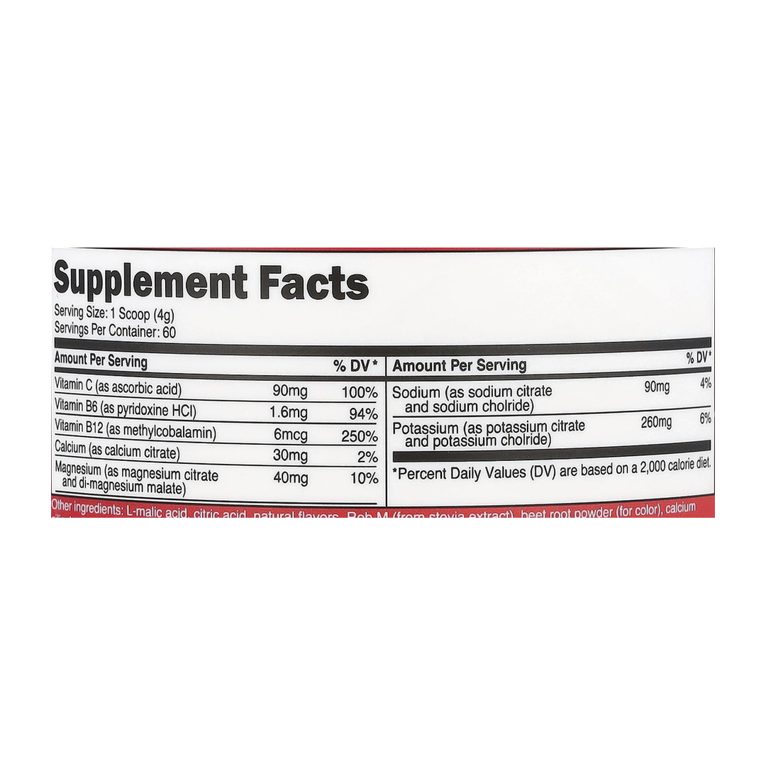 Nutricost, Electrolytes, Advanced Hydration Complex, Fruit Punch, 8.4 oz, 234 g supplement facts label showing ingredients, vitamins, minerals, and serving information